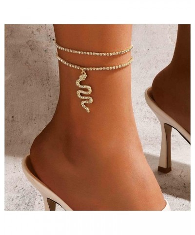 Boho Layered Crystal Chain Ankle Bracelet Gold Snake Dangle Anklet Bracelet Layering Tennis Chain Anklet Punk Summer Foot Cha...