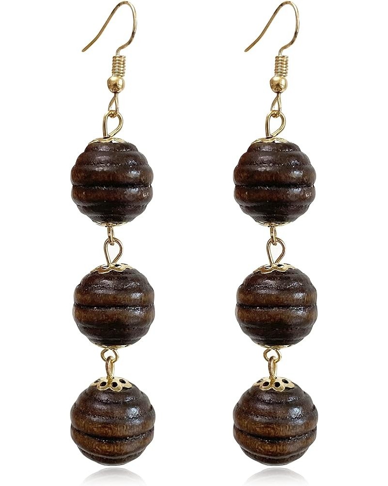 Unique Handmade Lightweight Long Three Nature Wooden Beaded Ball Dangle Drop Earrings Tribal Ethnic Vintage Bohemian Wood Cha...