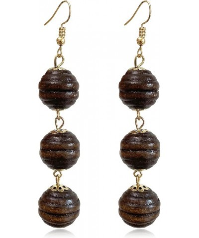 Unique Handmade Lightweight Long Three Nature Wooden Beaded Ball Dangle Drop Earrings Tribal Ethnic Vintage Bohemian Wood Cha...