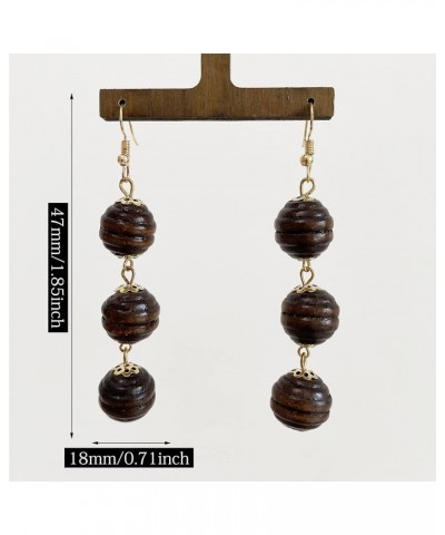 Unique Handmade Lightweight Long Three Nature Wooden Beaded Ball Dangle Drop Earrings Tribal Ethnic Vintage Bohemian Wood Cha...