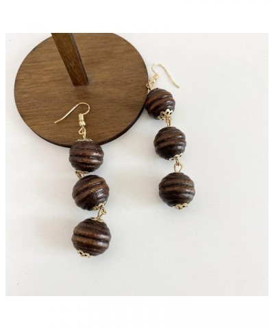 Unique Handmade Lightweight Long Three Nature Wooden Beaded Ball Dangle Drop Earrings Tribal Ethnic Vintage Bohemian Wood Cha...