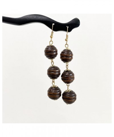 Unique Handmade Lightweight Long Three Nature Wooden Beaded Ball Dangle Drop Earrings Tribal Ethnic Vintage Bohemian Wood Cha...