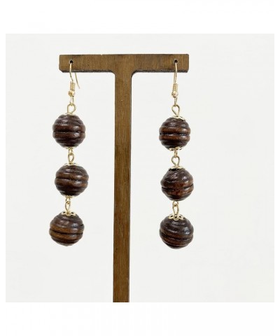 Unique Handmade Lightweight Long Three Nature Wooden Beaded Ball Dangle Drop Earrings Tribal Ethnic Vintage Bohemian Wood Cha...