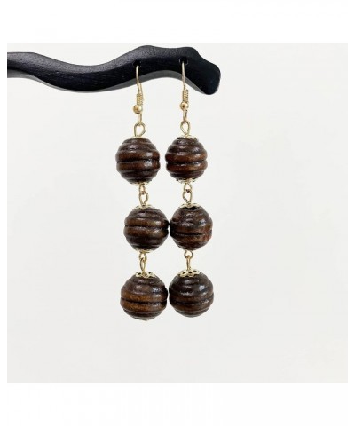 Unique Handmade Lightweight Long Three Nature Wooden Beaded Ball Dangle Drop Earrings Tribal Ethnic Vintage Bohemian Wood Cha...