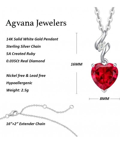 14K Solid White Gold Diamond Gemstone Pendant with Sterling Silver Chain 8mm Heart Birthstone Necklace Fine Jewelry Anniversa...