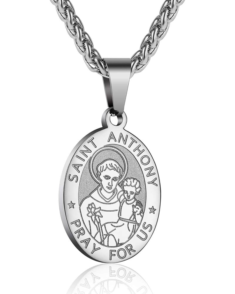 Saint St Michael/Christopher/Jude/Benedict/Joseph/Anthony Medal Necklace for Boys Men 24 In Religious gifts Silver saint ANTH...