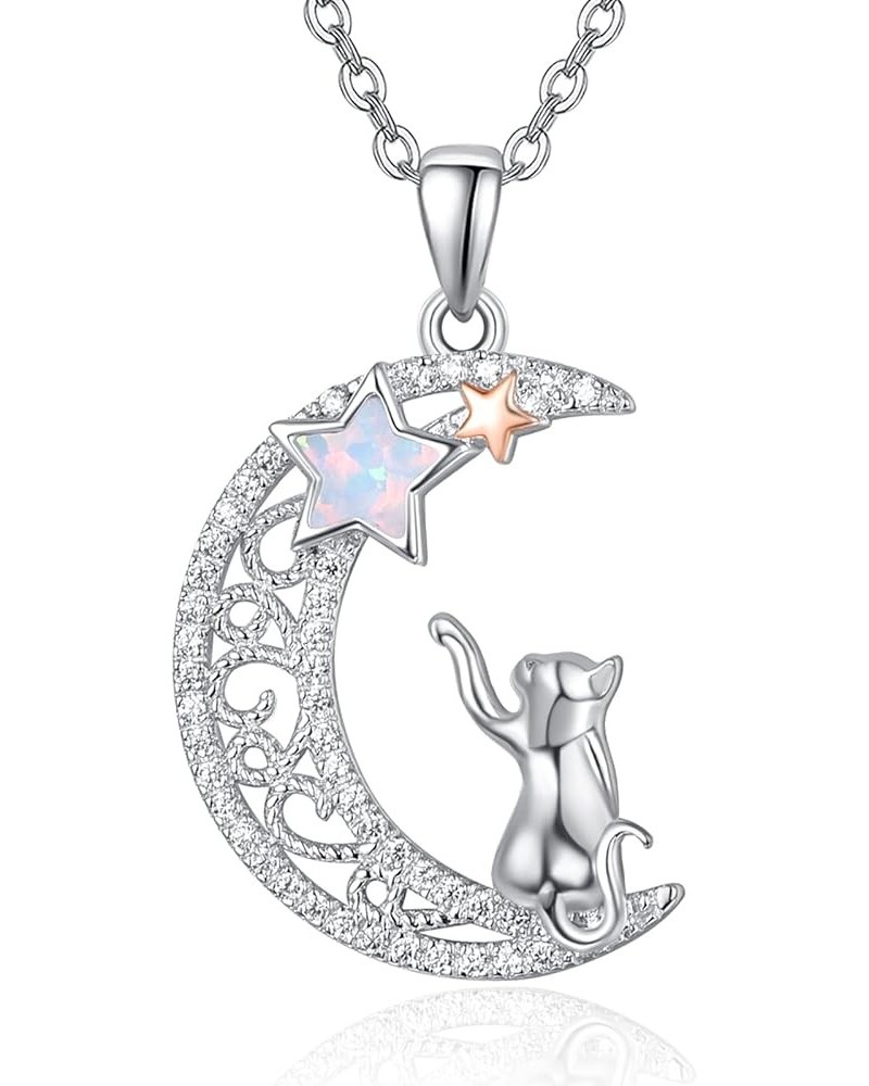 Cat Necklace 925 Sterling Silver Cat Pendant Moon Opal Pearl Necklace Cute Cat Lover Gift Animal Jewelry A-Moon Cat $20.58 Ne...