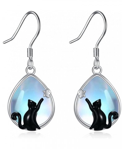 Cat Moon/Moonstone/Pearl Earrings for Women Sterling Silver Crystal Celtic Moon Black and White Cat Irish Jewelry for mom moo...