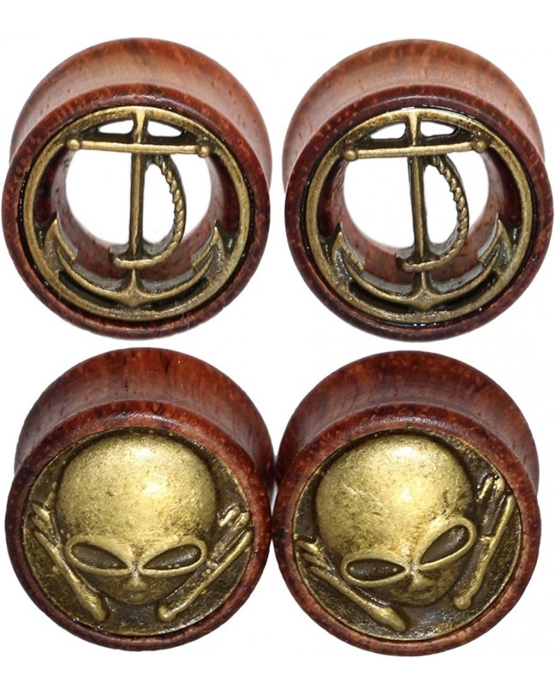 2 Pairs Alien Skull,Anchor Wood Flesh Tunnels Double Flare Ear Stretcher Plugs Gauge 8-20mm 8mm(0g) $9.46 Body Jewelry