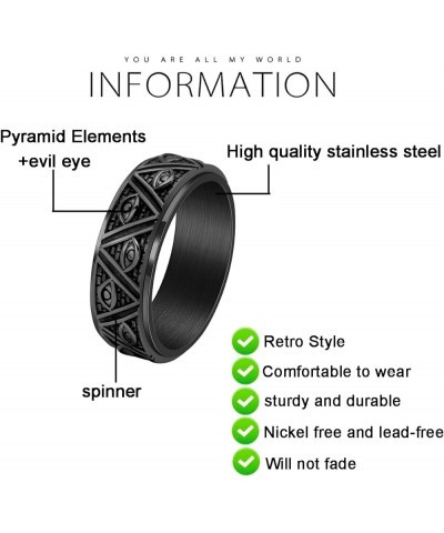 8mm Evil Eye Spinner Rings for Men Stainless Steel Fidget Rings for Men Black Silver Band Ring Pyramid Evil Eye Rings for Men...