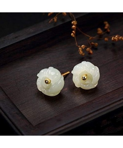 925 Silver Natural Hotan Jade White Jade Inlaid Plum Flower Stud Earrings $24.66 Earrings