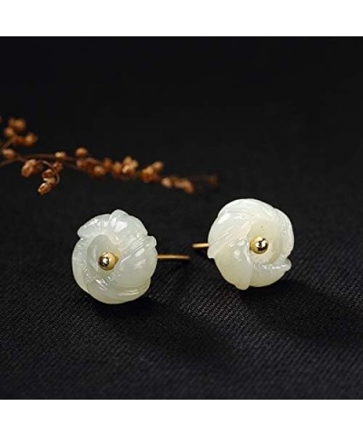 925 Silver Natural Hotan Jade White Jade Inlaid Plum Flower Stud Earrings $24.66 Earrings