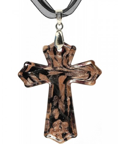 Hand Blown Glass Necklace Religious Cross Gold Black Murano Inspired Pendant $7.50 Necklaces