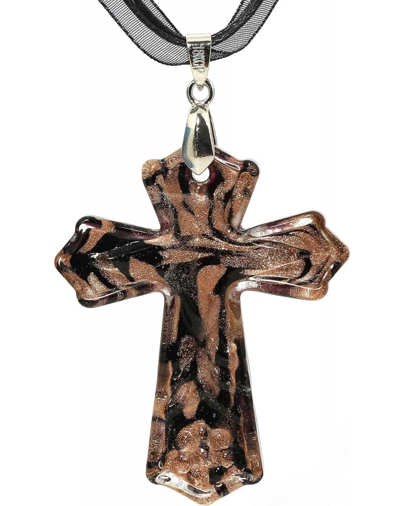 Hand Blown Glass Necklace Religious Cross Gold Black Murano Inspired Pendant $7.50 Necklaces