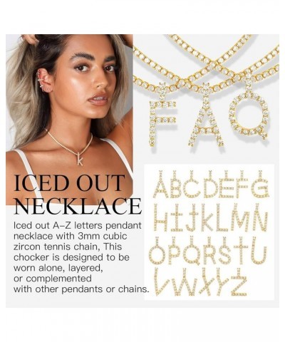 Simulated Diamond Initial Necklace, 18K Gold Plated Cubic Zirconia Tennis Choker Chain 16" with A-Z Alphabet Letter Pendant, ...