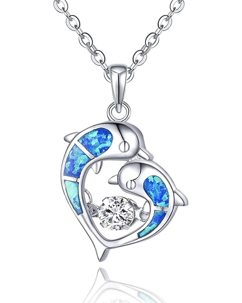 Blue Fire Opal Dolphins/Turtle Necklaces,925 Sterling Silver Dancing Diamond Cubic Zirconia Animal Pendant Necklace blue opal...