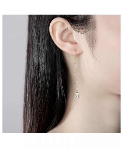 14k Gold Plated Simple Marquise and Teardrop Shaped Clear Cubic Zirconia Long Chain Threader Earrings Fashion Jewelry for Wom...