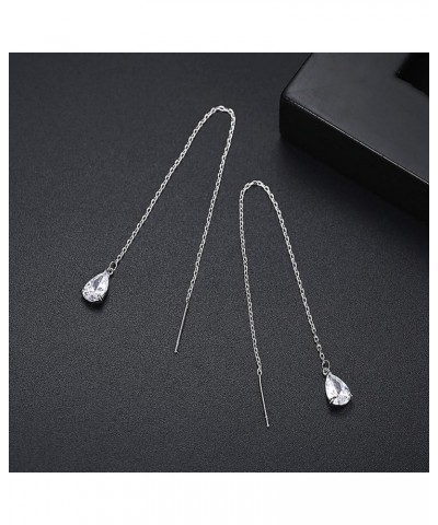 14k Gold Plated Simple Marquise and Teardrop Shaped Clear Cubic Zirconia Long Chain Threader Earrings Fashion Jewelry for Wom...