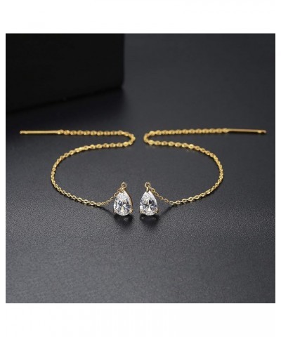 14k Gold Plated Simple Marquise and Teardrop Shaped Clear Cubic Zirconia Long Chain Threader Earrings Fashion Jewelry for Wom...