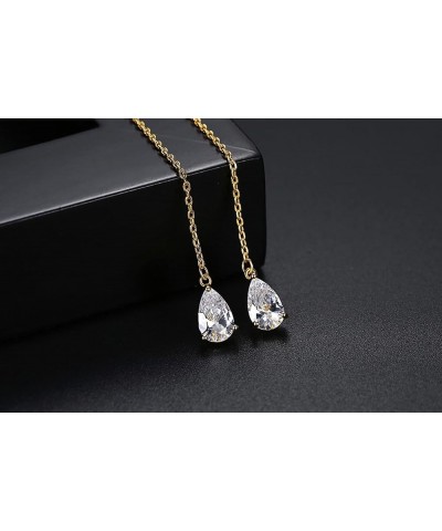 14k Gold Plated Simple Marquise and Teardrop Shaped Clear Cubic Zirconia Long Chain Threader Earrings Fashion Jewelry for Wom...