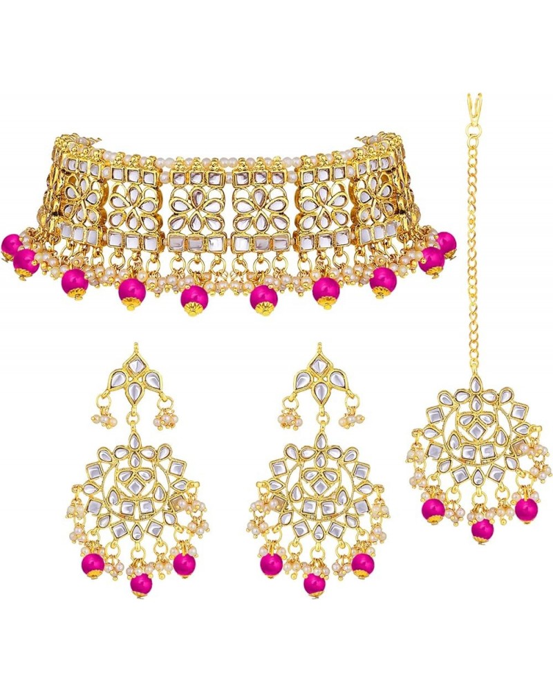 Gold Plated Kundan Jewelry Necklace With Earring Set For Women Rani Pink $18.62 Jewelry Sets