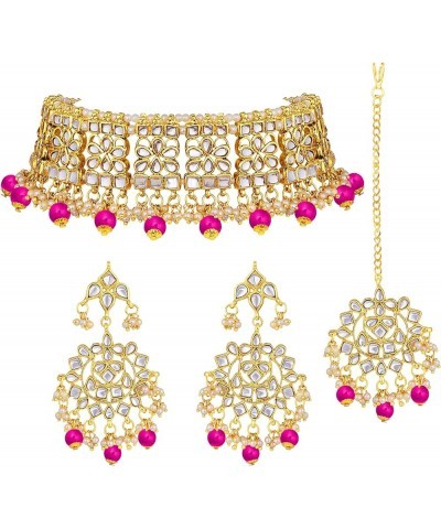 Gold Plated Kundan Jewelry Necklace With Earring Set For Women Rani Pink $18.62 Jewelry Sets