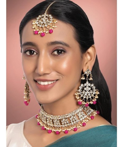 Gold Plated Kundan Jewelry Necklace With Earring Set For Women Rani Pink $18.62 Jewelry Sets