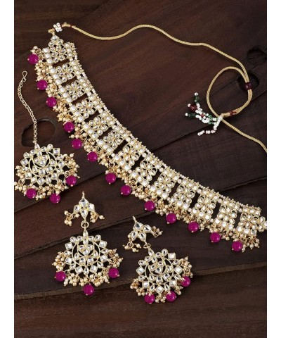 Gold Plated Kundan Jewelry Necklace With Earring Set For Women Rani Pink $18.62 Jewelry Sets