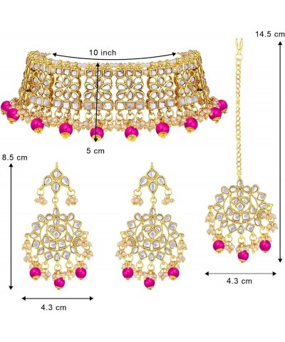 Gold Plated Kundan Jewelry Necklace With Earring Set For Women Rani Pink $18.62 Jewelry Sets