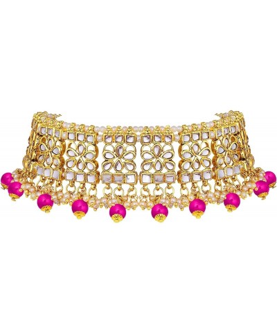 Gold Plated Kundan Jewelry Necklace With Earring Set For Women Rani Pink $18.62 Jewelry Sets