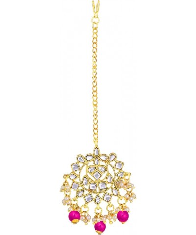 Gold Plated Kundan Jewelry Necklace With Earring Set For Women Rani Pink $18.62 Jewelry Sets