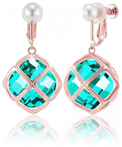 Clip On 14MM Big Austrian Crystal Dangle Non Pierced Earrings for Women Costume Jewelry Dec-Turquoise-Rose Gold $13.65 Earrings