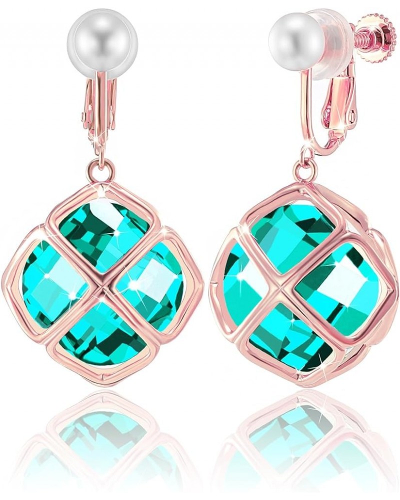 Clip On 14MM Big Austrian Crystal Dangle Non Pierced Earrings for Women Costume Jewelry Dec-Turquoise-Rose Gold $13.65 Earrings