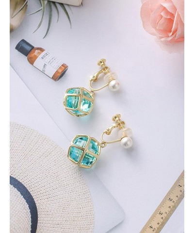 Clip On 14MM Big Austrian Crystal Dangle Non Pierced Earrings for Women Costume Jewelry Dec-Turquoise-Rose Gold $13.65 Earrings