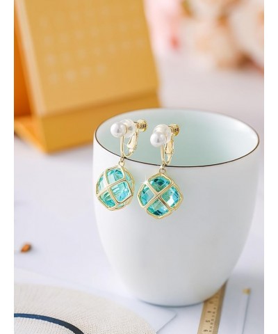 Clip On 14MM Big Austrian Crystal Dangle Non Pierced Earrings for Women Costume Jewelry Dec-Turquoise-Rose Gold $13.65 Earrings