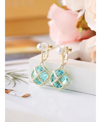 Clip On 14MM Big Austrian Crystal Dangle Non Pierced Earrings for Women Costume Jewelry Dec-Turquoise-Rose Gold $13.65 Earrings