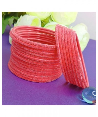 Indian Bangles Set Bollywood Plain Metal Velvet Bangle Bracelets Costume Jewelry for Women & Girls Salmon Color (Set of 24 Pc...