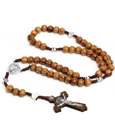 Wood Beads Rosary Necklace Handmade Natural Wooden Crucifix Rosary Catholic Rosaries Cross Virgin Mary Jesus Metal Pendant Ne...