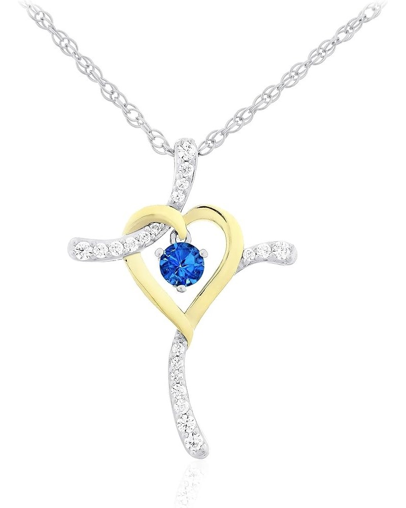 Two Tone 14K Yellow Gold Plated .925 Sterling Silver, Dangling Gemstone & Lab Grown White Sapphire Heart Cross Pendant Neckla...