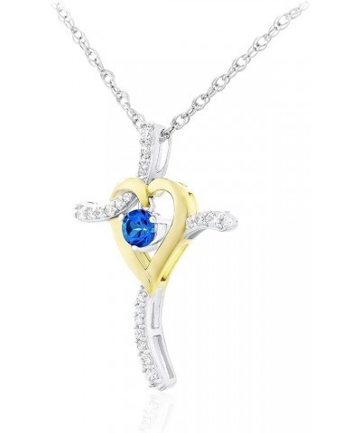 Two Tone 14K Yellow Gold Plated .925 Sterling Silver, Dangling Gemstone & Lab Grown White Sapphire Heart Cross Pendant Neckla...