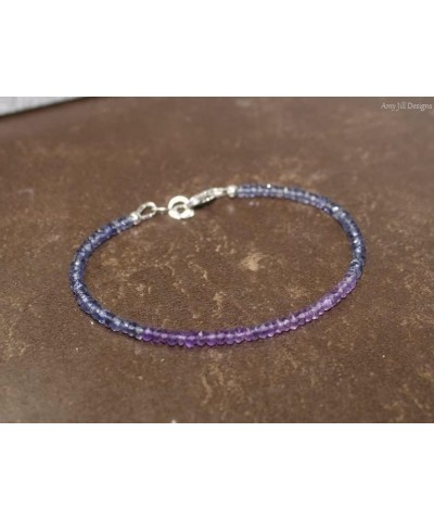 iolite & shaded amethyst 3-4mm rondelle shape faceted cut gemstone beads 7 inch stacking bracelet with 925 sterling silver- s...