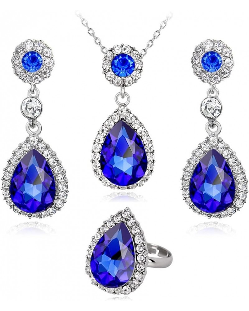 4 Pieces Jewelry Set Elegant Large Teardrop Crystal Pendant Necklace Earring Open Ring Set for Women Birthday Party Anniversa...