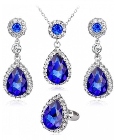 4 Pieces Jewelry Set Elegant Large Teardrop Crystal Pendant Necklace Earring Open Ring Set for Women Birthday Party Anniversa...