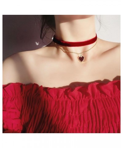 Red Choker Necklace Love Heart Velvet Choker Collar Necklace,Women`s Layered Heart Black Velvet Choker Pendant Chain for Wome...