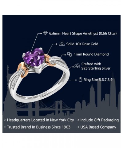 925 Sterling Silver and 10K Rose Gold Purple Amethyst and Diamond Heart Shape Ring For Women (0.66 Cttw, Gemstone Birthstone,...