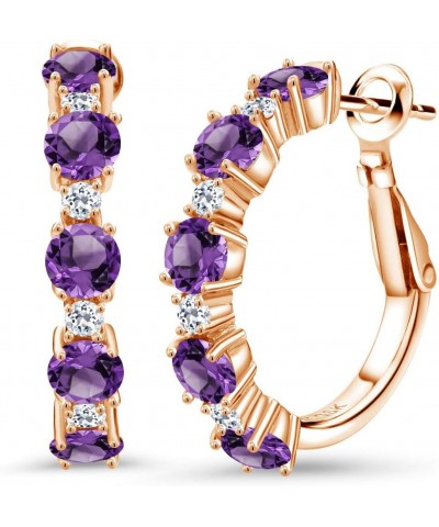 18K Rose Gold Plated Silver Purple Amethyst and White Topaz Hoop Earrings For Women (2.82 Cttw, Round 4MM and 1.9MM, Gemstone...