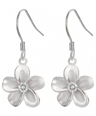 925 Sterling Silver 14K Gold Plated Hawaiian Plumeria Flower Drop Dangle Hook Earrings with Cubic Zirconia, 8mm 10mm 12mm 15m...