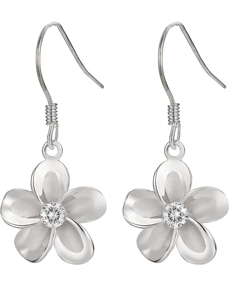 925 Sterling Silver 14K Gold Plated Hawaiian Plumeria Flower Drop Dangle Hook Earrings with Cubic Zirconia, 8mm 10mm 12mm 15m...