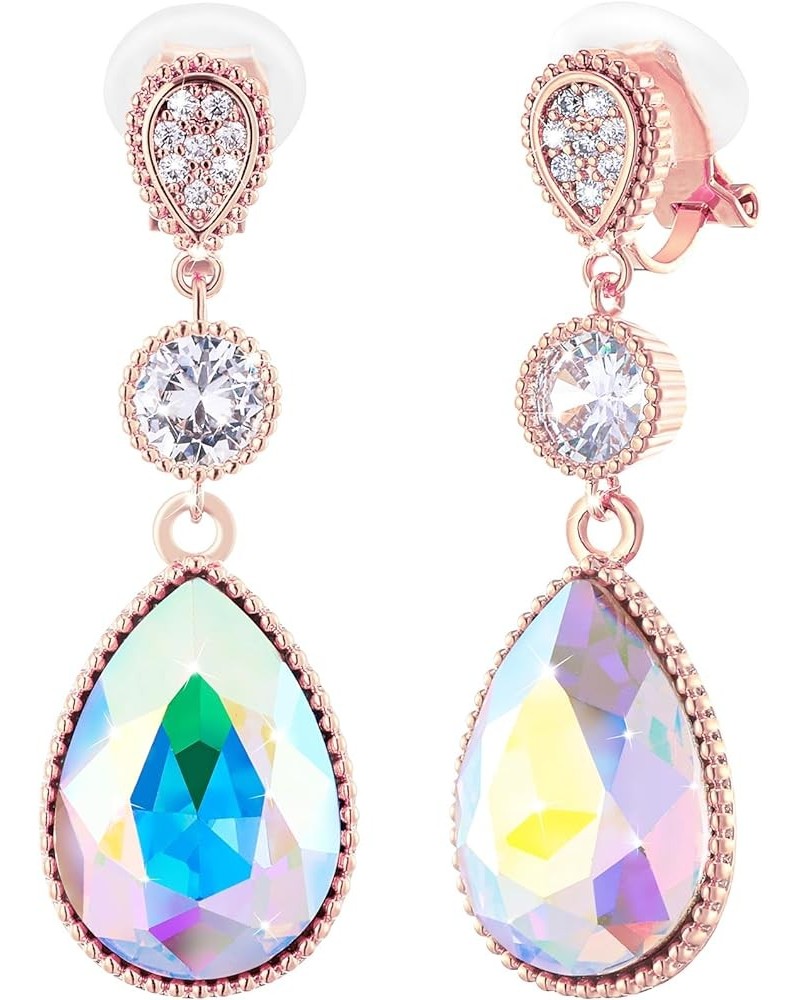 Clip On 18 * 13MM Big Crystal Dangle Non Pierced Earrings for Women Costume Jewelry Apr-Diamond-Rose Gold $9.82 Earrings