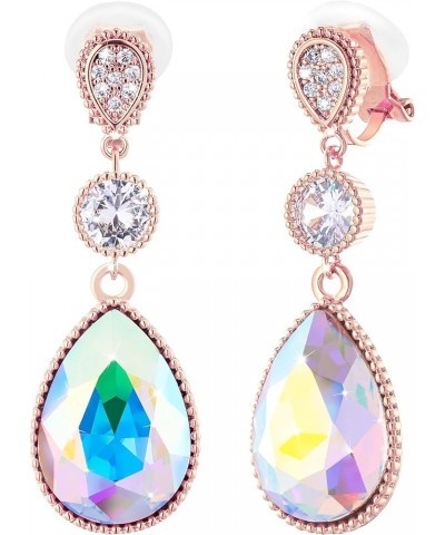 Clip On 18 * 13MM Big Crystal Dangle Non Pierced Earrings for Women Costume Jewelry Apr-Diamond-Rose Gold $9.82 Earrings